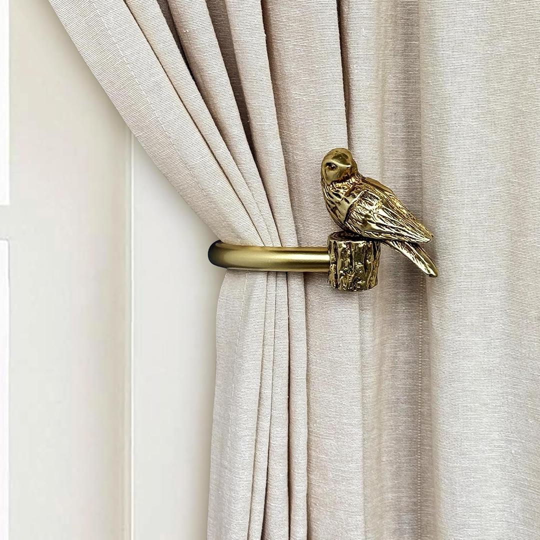 Curtain Drapery Holdbacks with Resin Bird, Wall Mount Drapery Hooks Holders, Set of 2, Gold