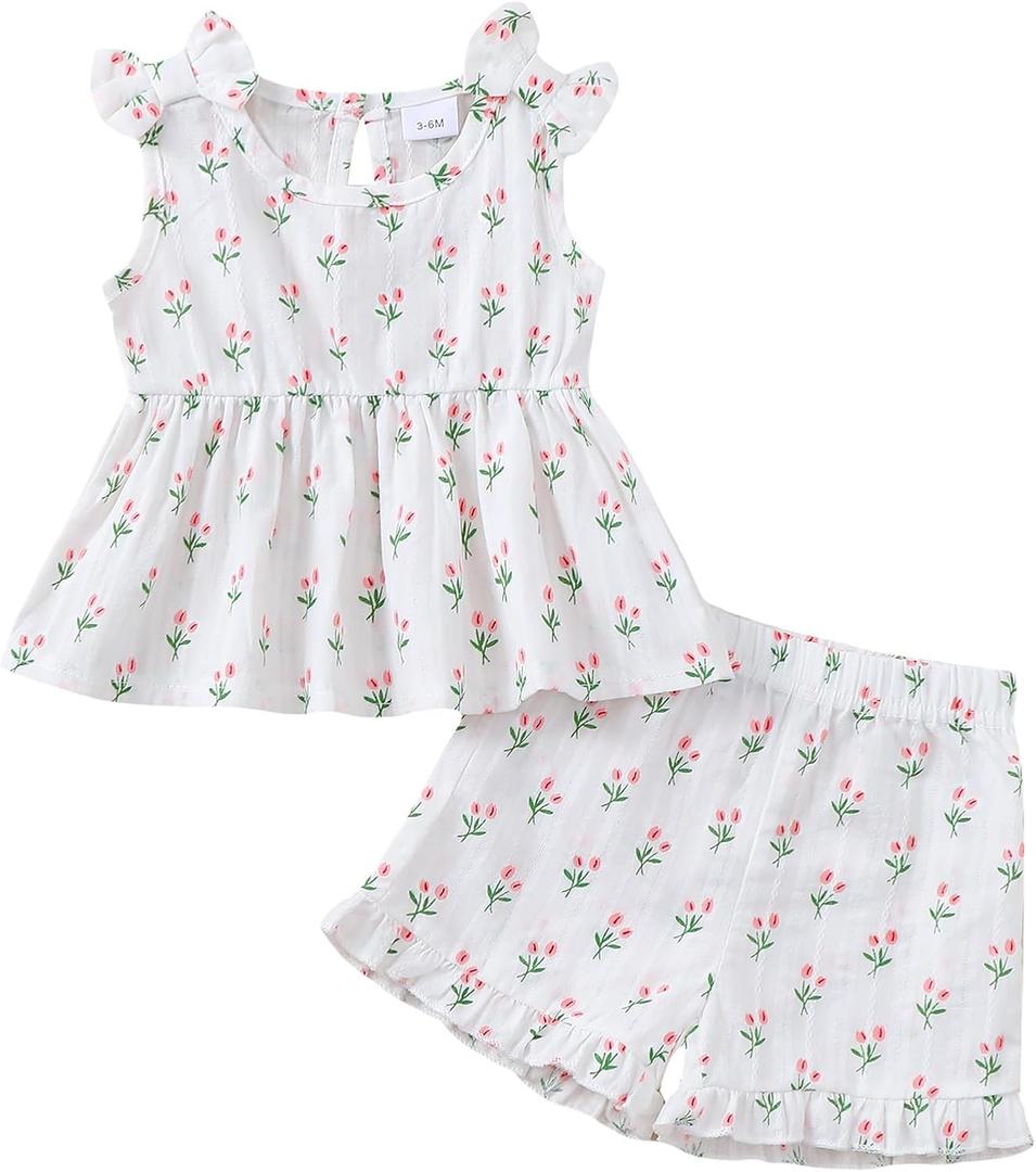 Kucnuzki Toddler Baby Girl Clothes Sleeveless Tank Tops Ruffle Halter Shirts Floral Shorts 2 Piece Set Summer Outfits