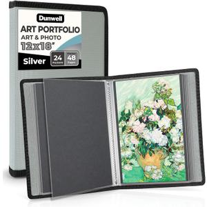 Dunwell 12x18 Art Portfolio Binder with Mounting Paper (Silver), Large Portfolio Folder for Artwork Storage, 24 Clear Sleeves Display 48 Pages, Acid-Free Poly 12 x 18 Presentation Book