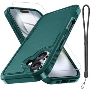 RMOCR Case for iPhone 17 Phone Cover with Screen Protector,Military Grade Heavy Duty Shockproof PhoneCase with Wrist Lanyard Strap,2025 Dark Green