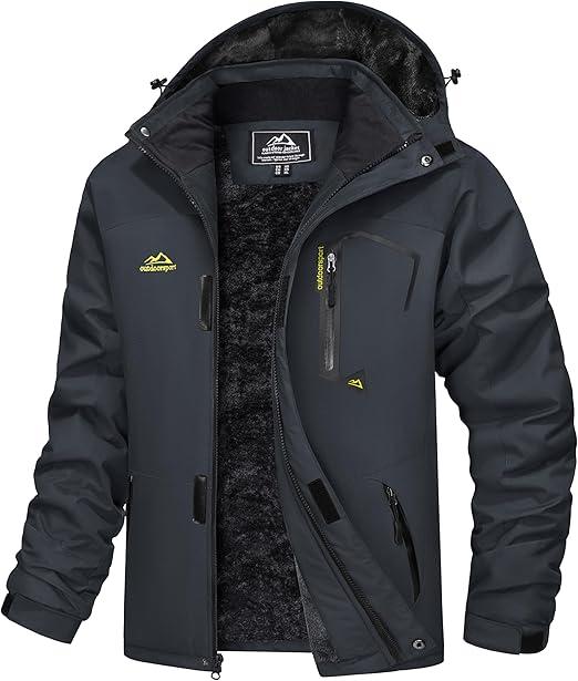 MAGCOMSEN Men's Winter Coats Ski Snow Water Resistant Jacket Warm Fleece Parka Raincoats with Hood for Hiking Work, Size 2 XL Charcoal Grey