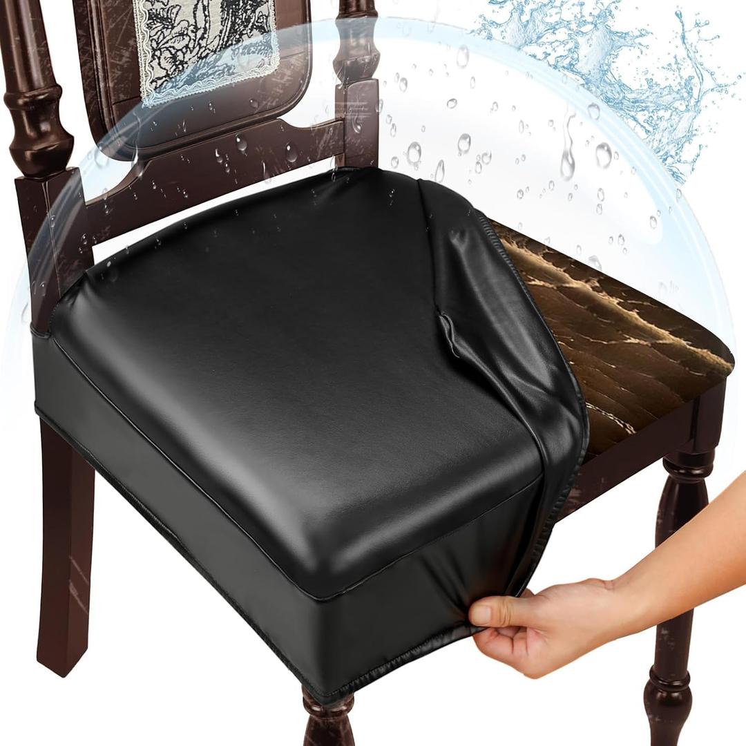 Waterproof Dining Chair Seat Covers Leather Kitchen Seat Covers, Stain Resistant Stretch Chair Seat Covers for Dining Room Chairs Set of 4, Rear Covered Washable Dining Chair Covers Black