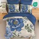 Luxudecor Beige Floral King Comforter Set 7 Pieces Bed in a Bag, Blue Flower Print on Beige Bedding Set,Soft Reversible Comforter with Sheets 104"x90"