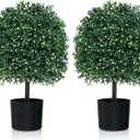 GOFLAME Set of 2 Artificial Boxwood Topiary Ball Trees, 21.5" Faux Bushes Potted Plants with PE Leaves and White Flowers, Cement Filled Base, Fake Evergreen Shrubs for Home, Office, Porch Decoration