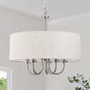 Drum Chandeliers for Dining Room Light Fixture 5 Lights Brushed Nickel Chandelier with Linen Lampshade 19 Modern Farmhouse Chandelier Large Pendant Lighting Fixtures for Living Room Kitchen Foyer