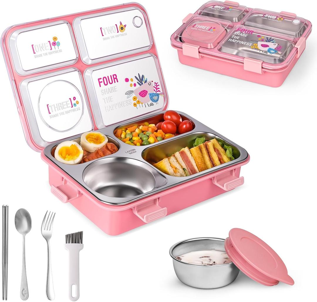 Stainless Steel Adult Lunch Box, 28.7oz 4-Compartment Cute Bento Box Kids Snack Containers with 5oz Soup/Condiment Cup, Food Storage Containers with Utensils and Small Cleaning Brush Set - Pink