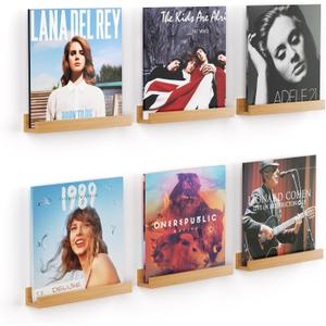 Vinyl Record Shelf Wall Mount 12inch, Pack of 6 Album Record Holder Display Rack, Wood Floating Shelves for Wall Decor, Album Shelves, Kids Bookshelf, Magazine Rack, Natural Wood