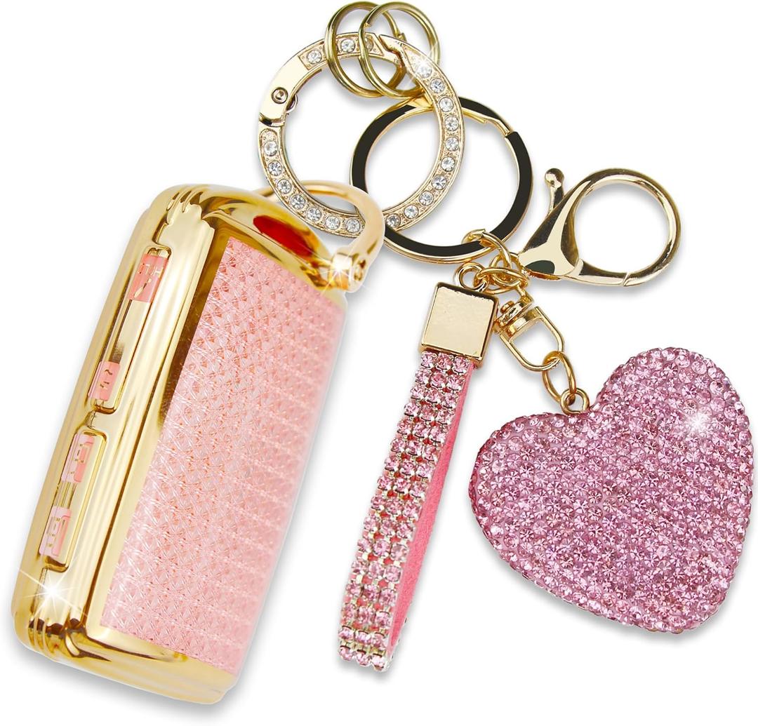 Key Fob Cover with Diamond Keychain, Car Key Shell for Women, Compatible with 2019-2022 Mazda 3 Hatchback 2020-2022 CX-5, CX-30, CX-10 (3 Buttons-Pink Heart)