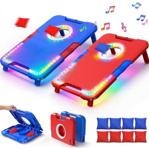 TERRAMUS Light-Up Cornhole Board Set, Corn hole Sets with Sound Effects, 2 Foldable Boards & 8 Bean Bags, Portable Outdoor Toss game, Backyard Party Camping Toys Gifts for Kids,Teens,Family,Ages 6-12+