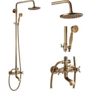 gotonovo Exposed Bathroom Shower Faucet Wall Mounted Shower System 8 Inch Shower Head and Tub Spout Double Cross Handles Adjustable Handheld Sprayer Straight Pipe Antique Brass