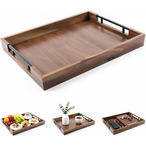 Acacia Wood Serving Tray, 17x13in Ottoman Tray with Metal Handles, Decorative Tray for Coffee Table, Rustic Wooden Breakfast & Drink Tray for Breakfast, Dinner & Bar, Storage Tray for Kitchen