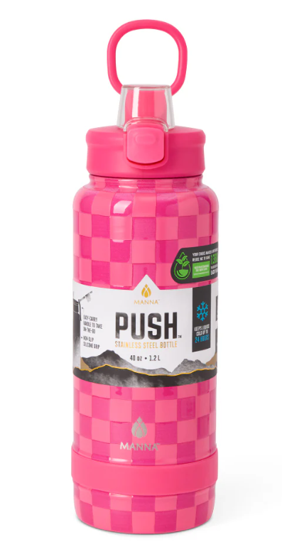 Manna Push 40oz Insulated Tumbler. It is a stainless steel water bottle designed for keeping drinks cold for extended periods