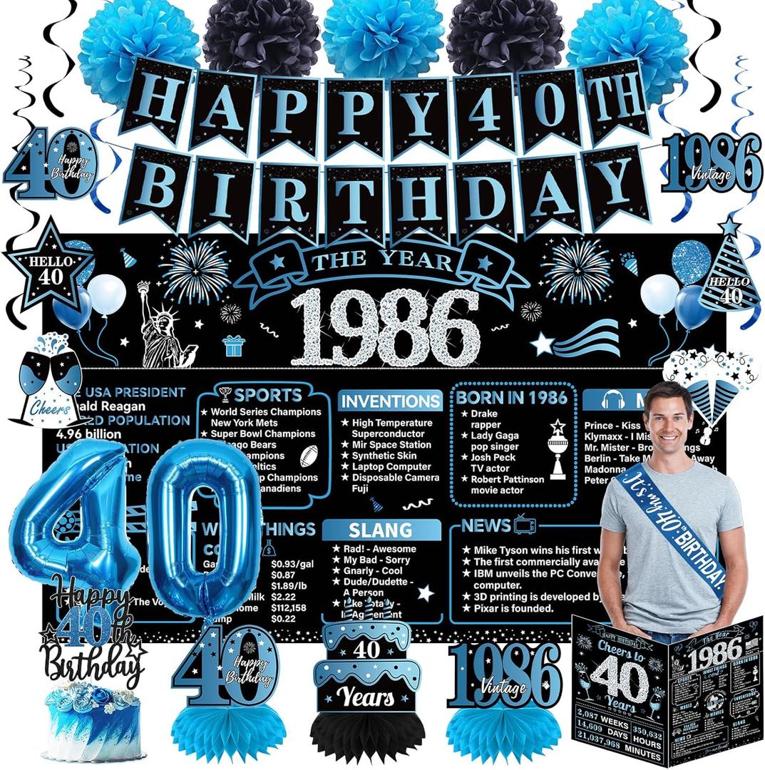 40th Birthday Decorations for Men, Black Blue Vintage 1986 Happy 40th Birthday Banner Backdrop Balloons Sash Card Cake Table Topper Hanging Swirls Paper Pompoms, 40 Years Old Party Supplies 20pcs