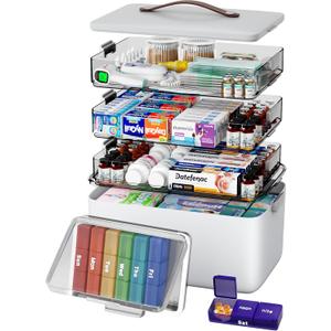CTIME 4-Tier XL Medicine Organizer with Leather Handle - Portable Pill Case & Empty First Aid Kit for Home, Travel, RV, School, Dorm | Ideal Elderly Gift