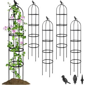 4 Pack Garden Obelisk Trellis for Climbing Plants Outdoor, 6FT Adjustable Metal Plant Support with 3 Decorative Tops, Black Rustproof Trellis for Roses, Tomatoes, Clematis & Vines