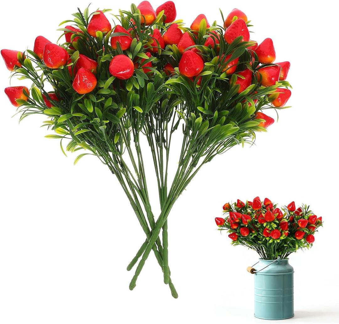 Cabilock 5Pcs Artificial Strawberry Stems 10.6" Realistic Red Berries Stems, Faux Fruit Branches for Summer Farmhouse Kitchen Decor, Berry First Birthday Party Supplies, Tiered Tray Wreath Picks