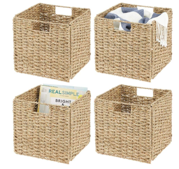 mDesign Seagrass Woven Cube Basket Organizer with Handles - Storage for Bedroom, Office, Living Room, Bathroom, Perfect for Cubby Storage Units - Hold Blankets, Magazines, Books - 6 Pack - Brown Wash