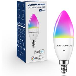 Lightinginside E12 Smart Light Bulbs 60W Equiv., Work with Alexa/Google Home/Smart Life, 500LM 6W RGBCW Candle Candelabra LED Light Bulbs, No Hub Required, 2.4G WiFi Bluetooth Bulb, ETL Listed, 1PC