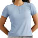 BAMBOO COOL Womens Henley T Shirts Short Sleeve Slim-Fit Tees Tops for Women Trendy Fashion Blouse (Large, Blue)