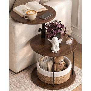 Faesun Swivel Round Table for Couch Arm, Height Adjustable C Shaped End Table for Recliner or Bed, Tv Trays with Storage Shelf for Small Spaces- Small Nightstand for Living Room, Bedroom, Walnut, Large Round