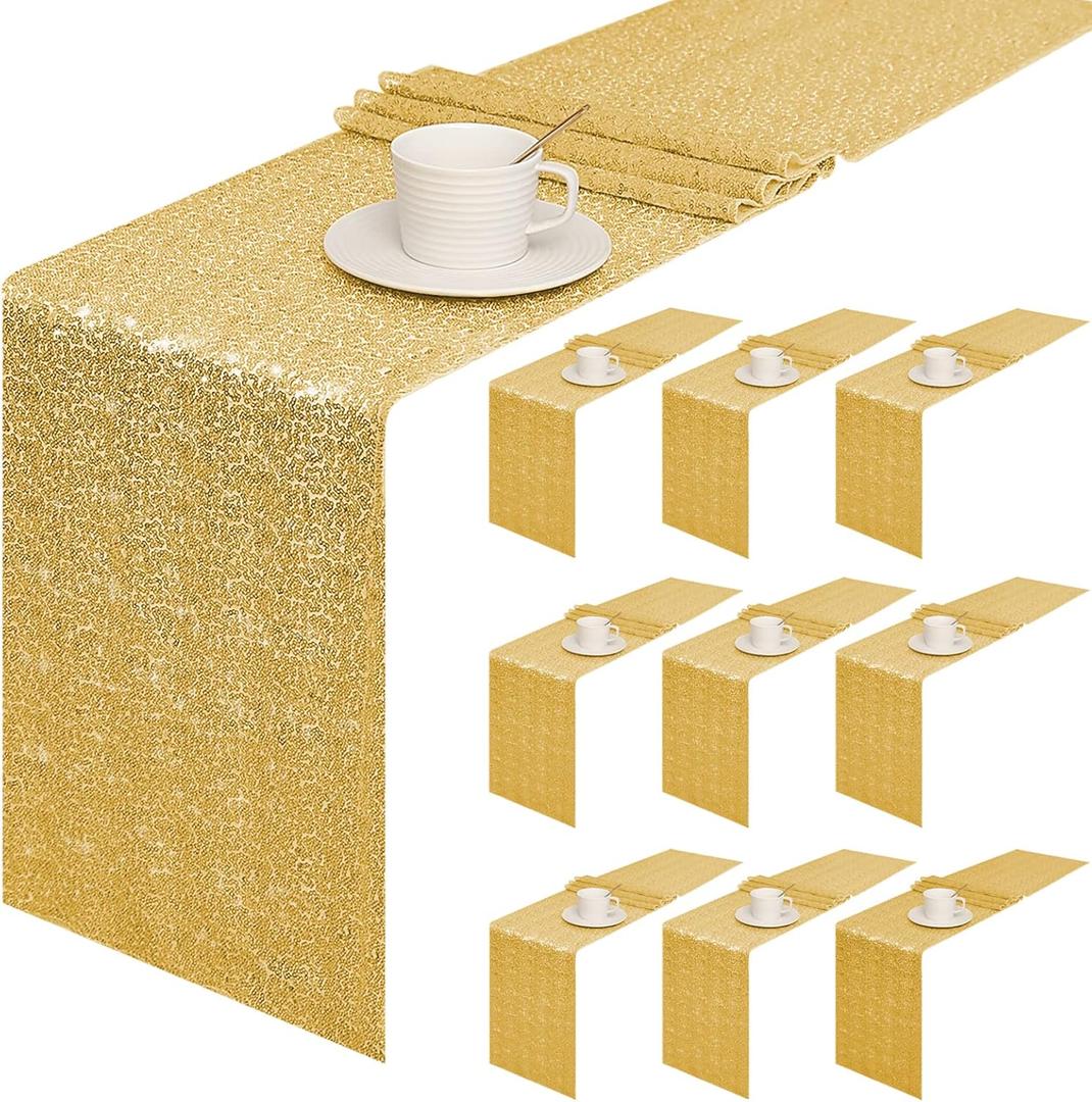 Sugargirl 10 Packs 12 x 72 inches Sequin Table Runner, Glitter Gold Table Runner for Birthday Party Supplies Wedding Holiday Celebration Event Decorations