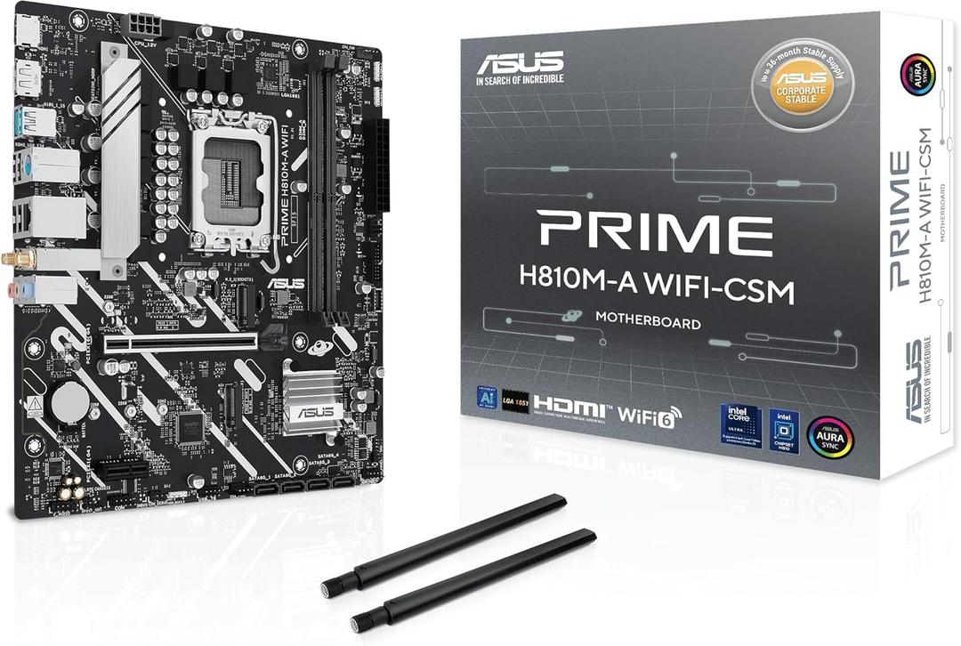 ASUS Prime H810M-A WiFi-CSM Intel H810 LGA 1851 mATX Motherboard, 6+1+1+1 Discrete MOS, DDR5, PCIe 4.0, 2X M.2, Intel 1Gb Ethernet, Wi-Fi 6, DisplayPort, HDMI, USB 10Gbps, Front USB 5Gbps Type-C