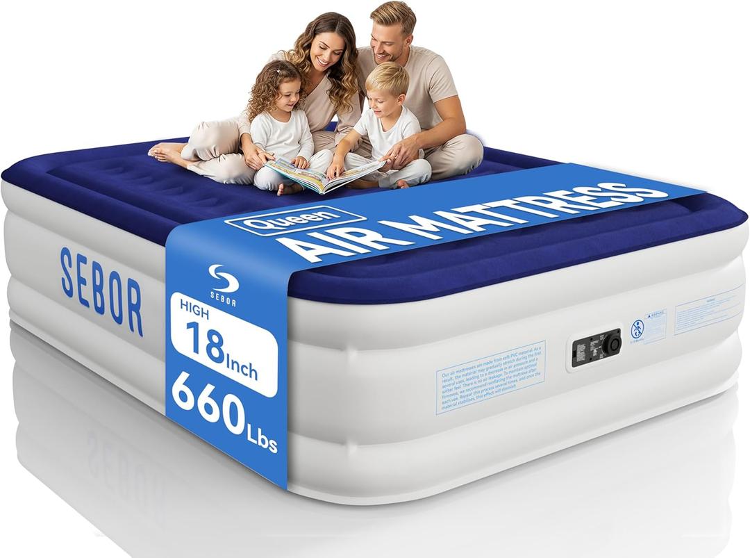 Sebor Air Mattress Queen with Built-in Pump 18", Comfortable Self-Inflating Air Mattress with High-Speed Pump, Durable Blow Up Mattress Queen with Storage Bag for Guests, Camping, Travel (Blue White)