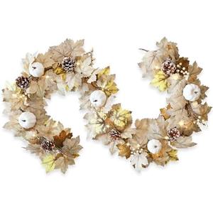 Fall Garland with Lights, 6Ft Fall Maple Leaf Pumpkins Berry Pine Cone Garland Fall Decorations for Home Thanksgiving Autumn Harvest Mantel Porch Table Door Outdoor Decor, White