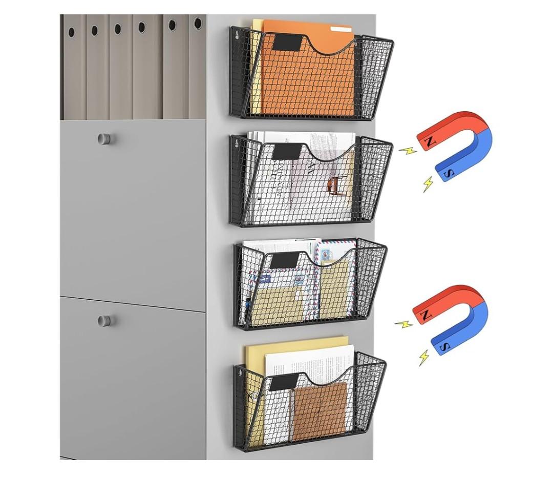 MFTEK Magnetic File Holder, 4 Pockets Magnetic File Folder Holder No Drilling Magnet Paper Mail Organizer Magazine Basket, Hanging Wall Storage Rack for Fridge Cabinets Office Classroom
