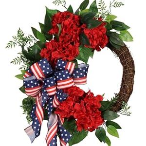 Pudate 22IN Artifical Patriotic Wreath Fourth of July Wreath with Hydrangeas Ivy Spring Summer Wreath for Front Door Wall Decor Indoor Outdoor
