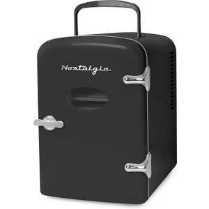 Nostalgia Retro Mini Fridge and Heater - 6-Can Capacity, 12-Volt Power Adapter, Carry Handle and Display Window - Perfect for Home, Office, Car, or Dorm Room - Black