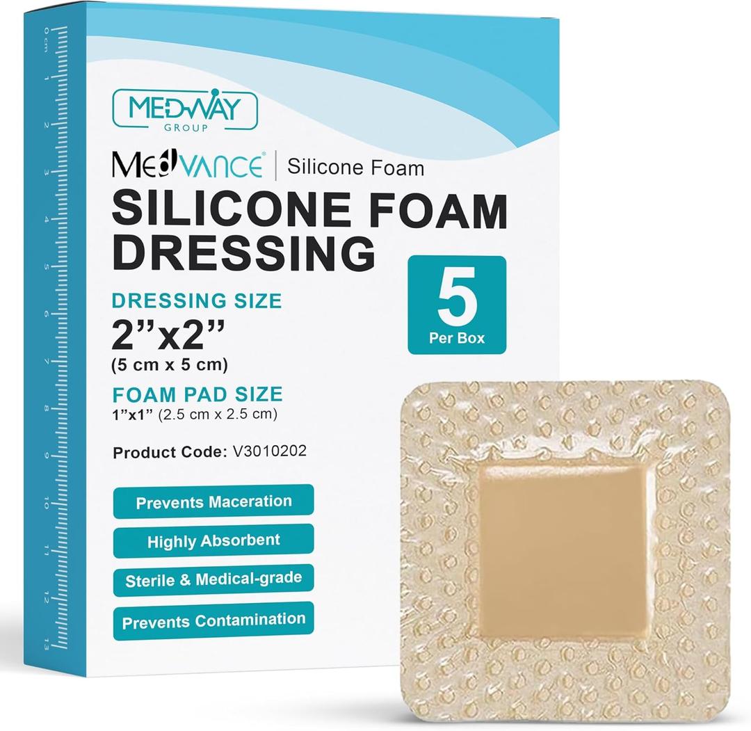 MedVance Bordered Adhesive Silicone Foam Dressing Pack of 10 - Waterproof Silicone Pad - Easy Apply & Remove Sterile Bandages - Wound Care & Dressings for Burns & More (2"x2" Bandage, 1"x1" Pad)