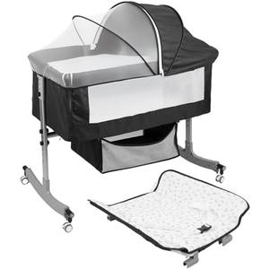 Rodiuiu 4 in 1 Baby Bassinet with Wheels Brakes, Oversized Diaper Station Scicntifc 6-Spccd adiustmcnt Level Portable Baby Crib with Mosquito Net, Convertible Cradle Black