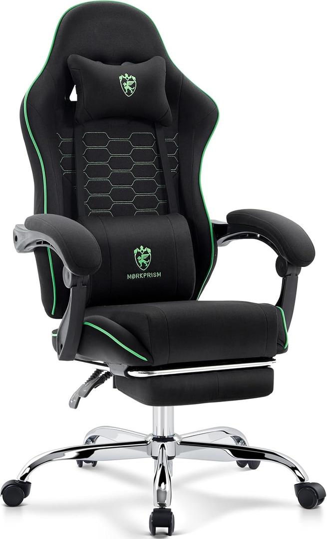 Gaming Chair Breathable Fabric,Computer Office Chair with Footrest,Massage Lumbar Support and Gel Pad,Ergonomic Reclining Adjustable Gamer Chair with Headrest and Spring Cushion Black Green
