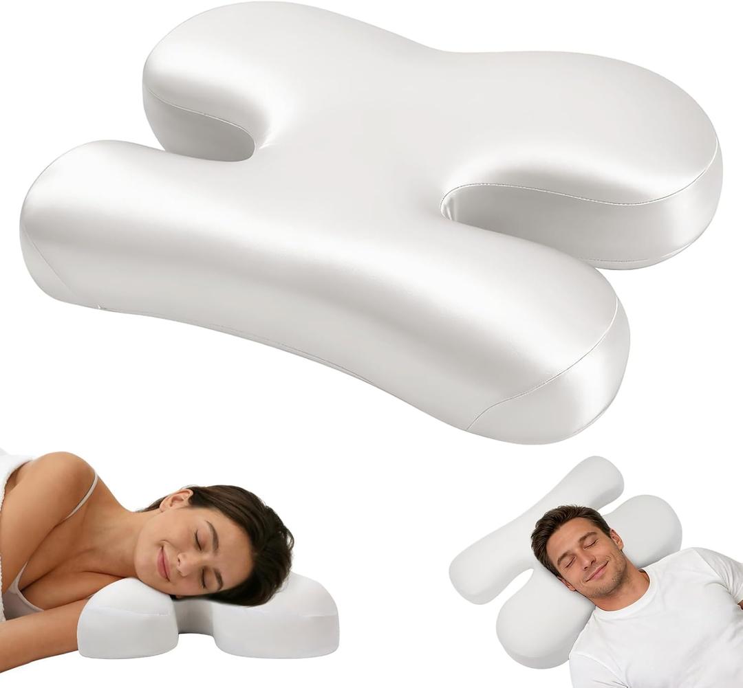 vocheer Side Sleeper Pillow for Anti-Wrinkle, Cooling Memory Foam Beauty Pillows for Neck Pain & Breathing Smoothly, Silky Satin Anti-Aging Pillow with rgonomic Design for Back and Side Sleepers (White)