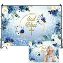 5x3ft Baptism Backdrops God Bless Crucifixion Blue Floral Glitter Sequins Sanctuary Decor Our Lord Jesus Banners for Christening Ceremony Baby Shower Church Event Christmas Easter Party
