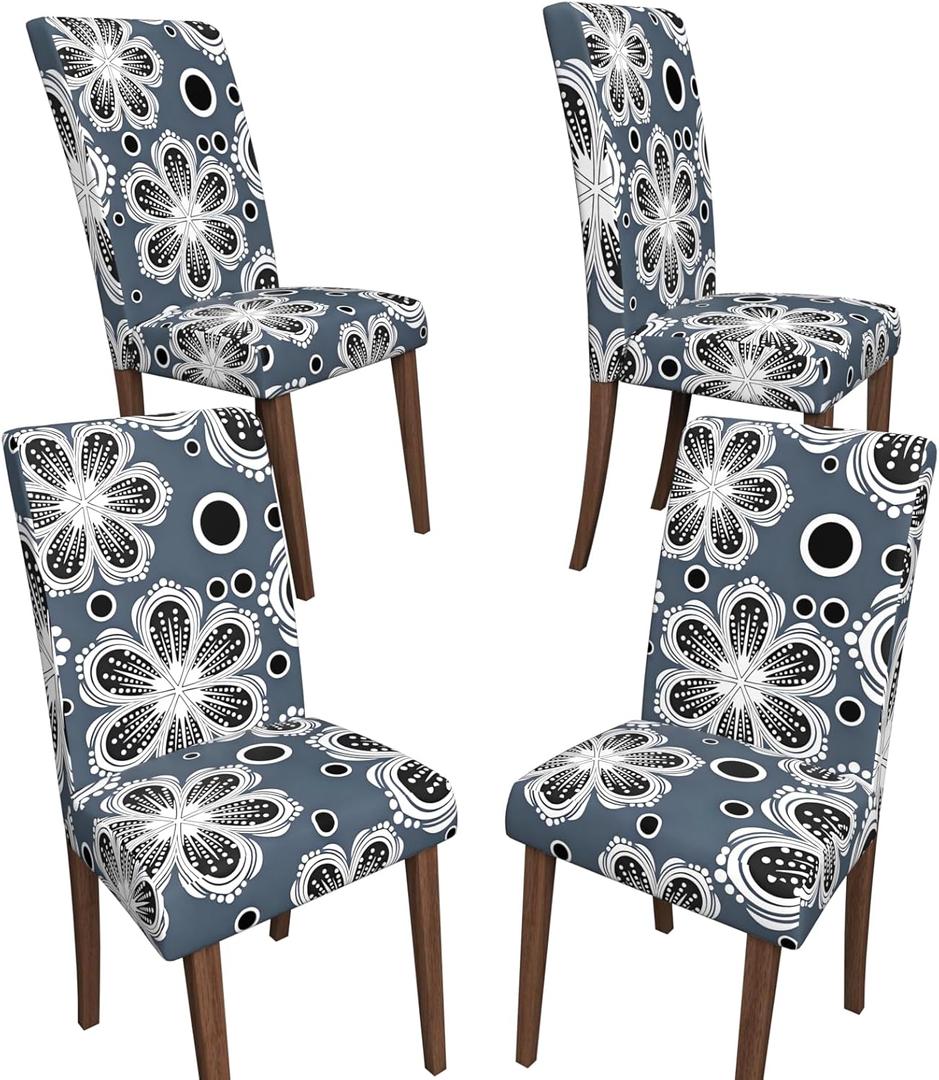 Stretch Dining Chair Covers Set of 4,Floral Print Chair Covers,Soft Removable Washable,Pet Friendly Furniture Protector,Universal Chair Slipcovers for Home, Kitchen,Ceremony Dining Room Seat (Gray Eight-petaled Flowers)