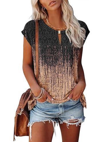 Kistore Womens Summer Casual V Neck Cap Sleeve Keyhole Tank Tops Short Sleeve Printed Tunic Work Blouses T-shirts Orange Gray Leopard Medium