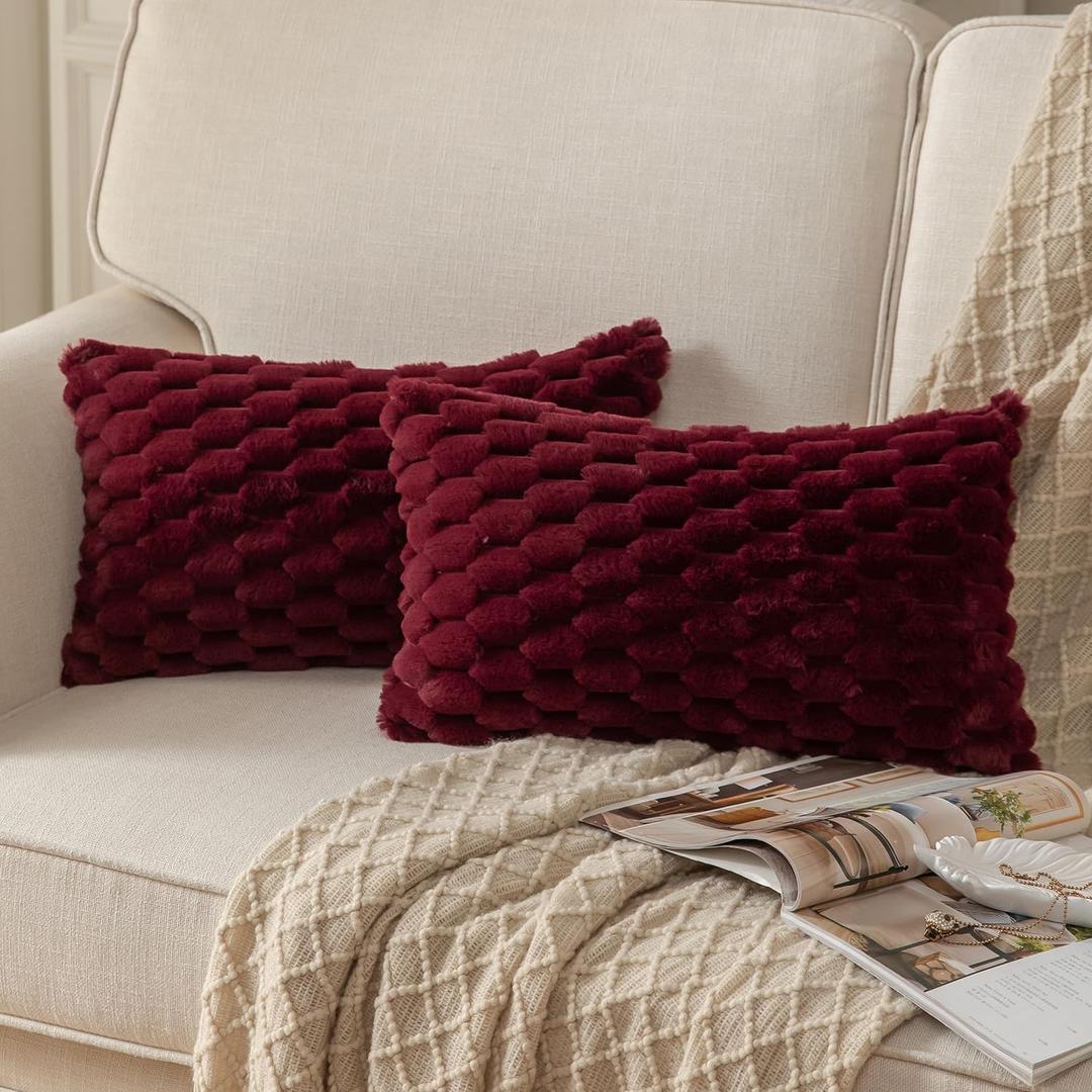 MANDIOO Pack of 2 Burgundy Super Soft Plush Fluffy Decorative Throw Pillow Covers 12x20 inch Faux Fur Wool Velvet Cushion Covers Pillow Cases Couch Sofa Bed Living Room