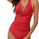 Womens V Neck Ruched Tankini Swimsuits, Tummy Control Halter Tie Back Two Piece Bathing Suits, Modest Swimwear with Shorts (Medium, Red)