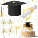 7 Pieces Graduation Cap Cake Topper Decorations Kit with Paper Diploma Congrats Cupcake Toppers Firework Food Topper for Graduation Party Cake Decoration Supply
