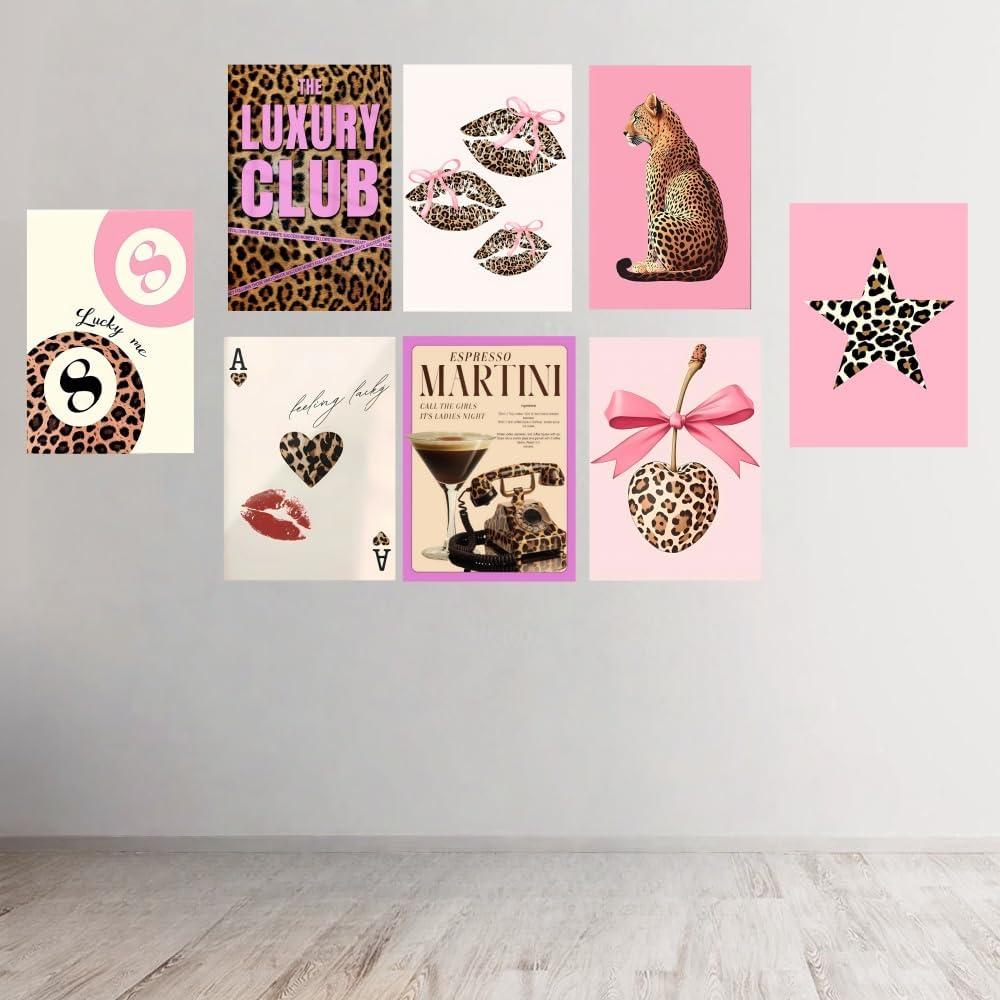 8pcs Self-Adhesive Trendy Leopard Canvas Wall Art Cheetah Prints Wall Decor Pictures Lucky 8 Ball Posters Preppy Aesthetic Paintings for Girls Bedroom Decorations (8x12inch(20x30cm)x9)