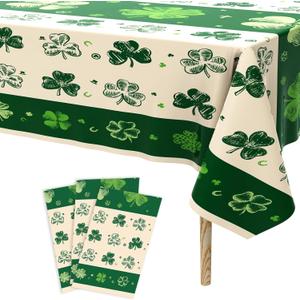 Tbsone St Patricks Day Disposable Rectangle Plastic Tablecloth - 3 Pack, Green Shamrock Theme Table Cloth, Irish Festival St. Patrick's Day Party Decorations Supplies (54 x 108 Inches)