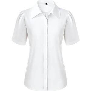 Button Down Shirts for Women Puff Short Sleeve Button Up Dress Shirts Collared Fitted Blouse Work Business Top (Size Large)