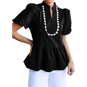 Cicy Bell Women Puff Sleeve Peplum Blouse Ruffle Vneck Summer Babydoll Tops (Black, L)