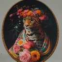 SHQIEUDH Vintage Cheetah Floral Oval Wall Art 8.6x11.4, Maximalist Leopard Framed Canvas Prints Artwork, Green Trendy Retro Animal Oval Wall Hanging Decor for Teen Girls Bedroom Living Room Home