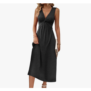 Women's V Neck Front Knotted Dresses Summer Sleeveless A Line Sundress Beach Party Vacasion Dress Outfits L
