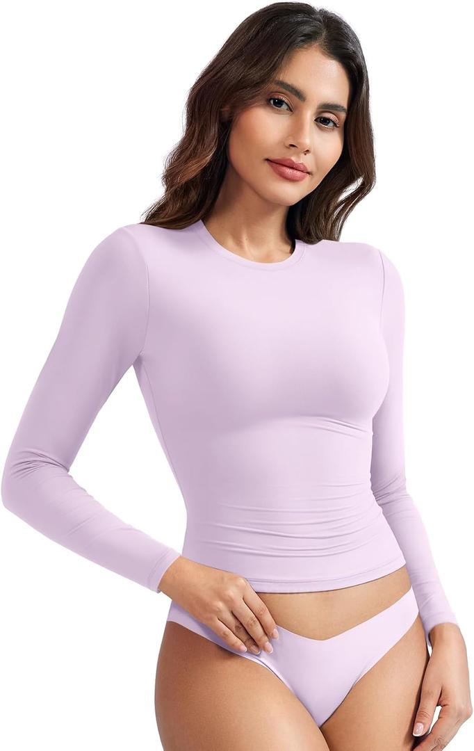 YEOREO Ease Long Sleeve Shirts for Women y2k Tops Double Lined Basic Tee Crew Neck Going Out Sweeney Workout Undershirt S