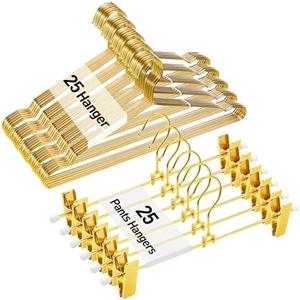 Wesiti 50 Pcs Gold Hangers - 25 Cloth (17.7") and 25 Metal Pants/Skirts (12") With 2 Adjustable Non-Slip Clips, Swivel Hook, Strong Metal Wire 18 pack