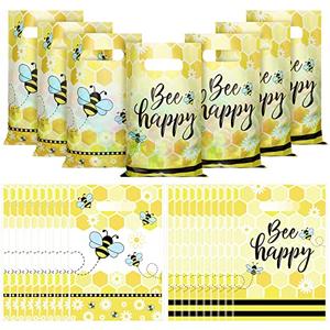 100 Yellow Honey Bee Theme Treat Bags with Handles - Bee Pattern Plastic Goodie Bags for Baby Shower, Gender Reveal & Birthday Party